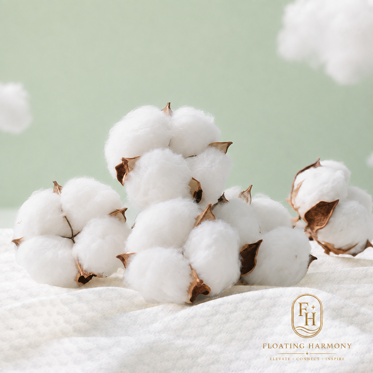 Natural white cotton bolls resting on soft towel fabric