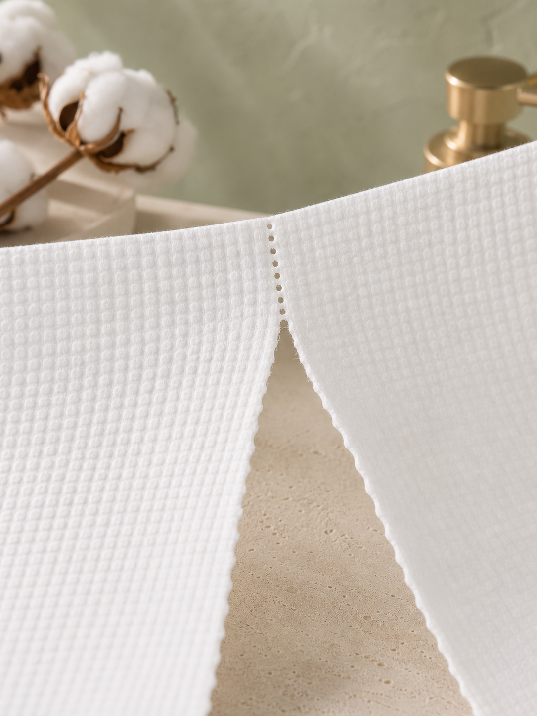 Close view of the smooth perforated tear in a Floating Harmony 2-in-1 cotton towel