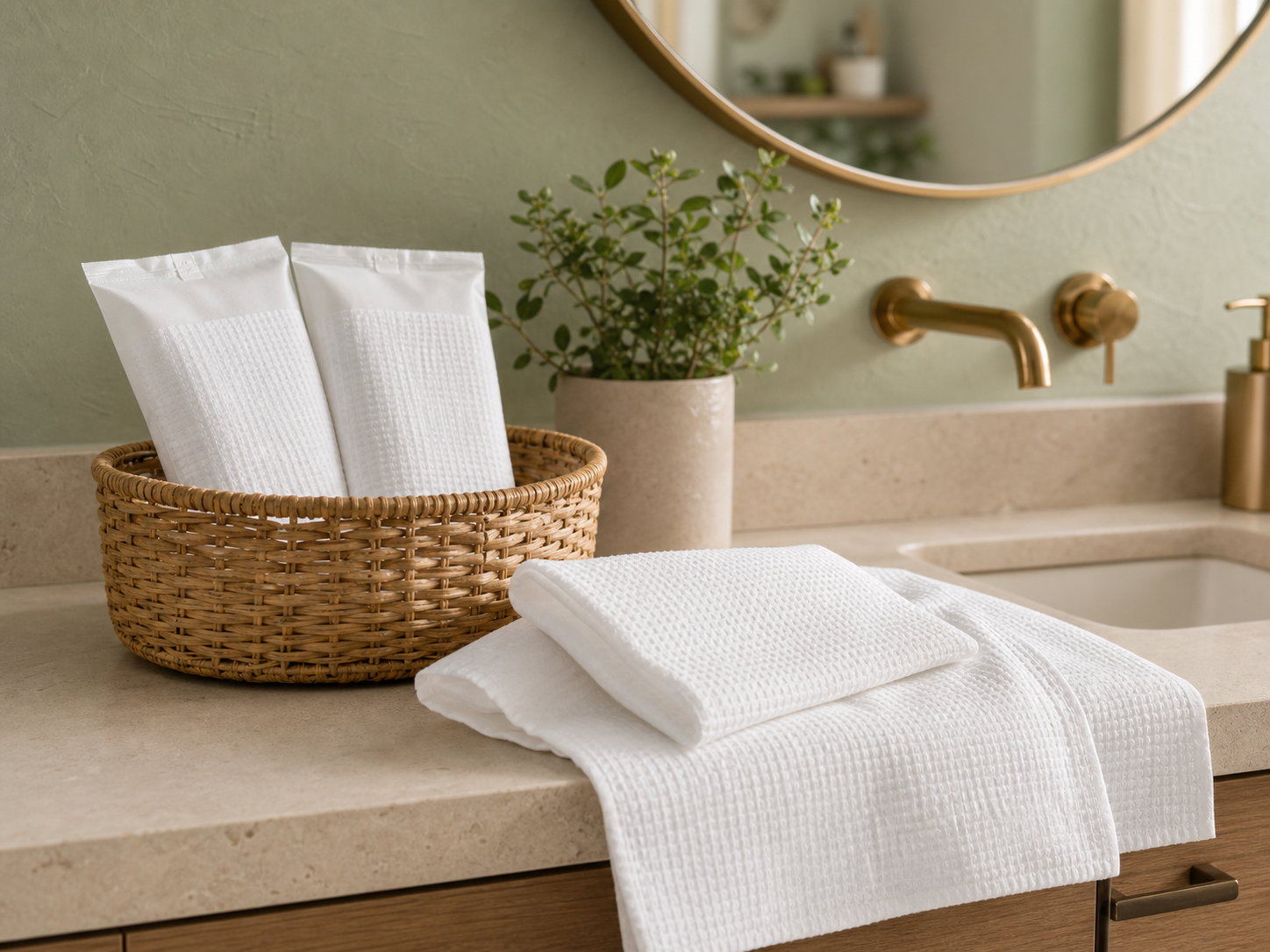 Wrapped disposable cotton towels presented in an Airbnb guest bathroom