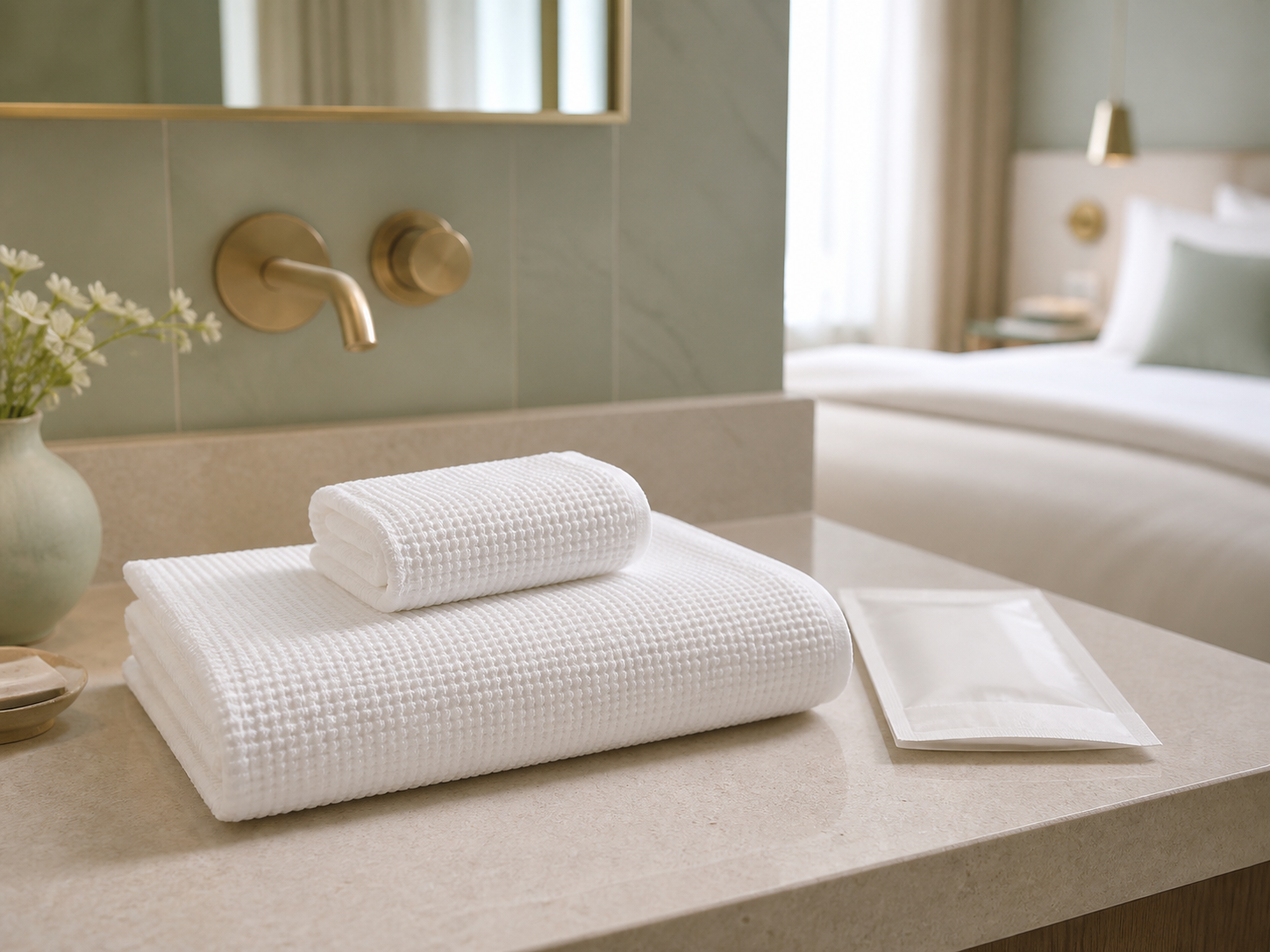 Disposable cotton bath and face towels prepared in an elegant hotel guest room