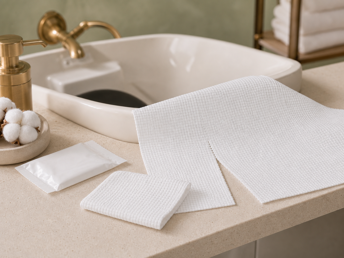 Disposable cotton towels arranged beside an elegant salon shampoo basin