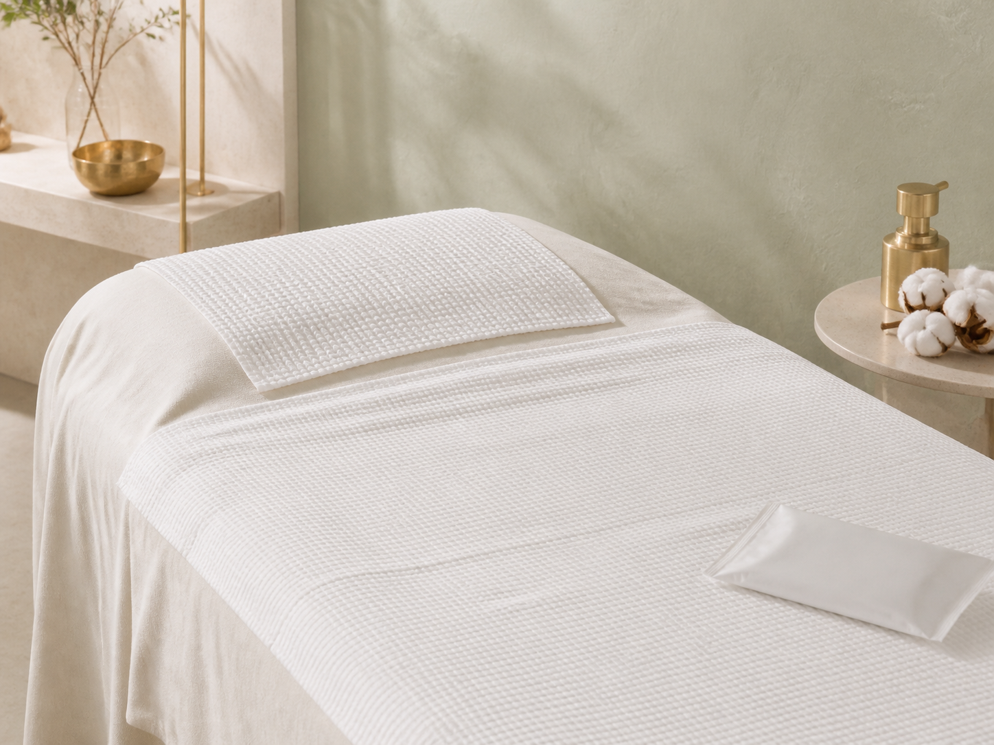 Disposable cotton bath and face towels prepared on a luxury spa treatment bed