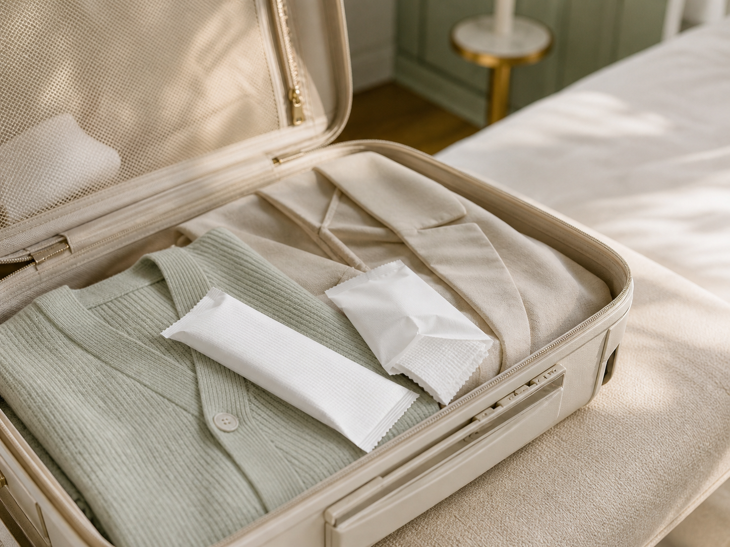 Compact individually wrapped cotton towels packed inside a carry-on suitcase